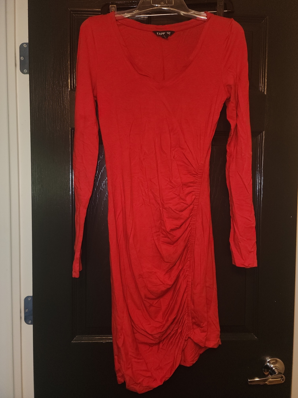 Express Red Long-Sleeve Ruched Side Scoop Dress